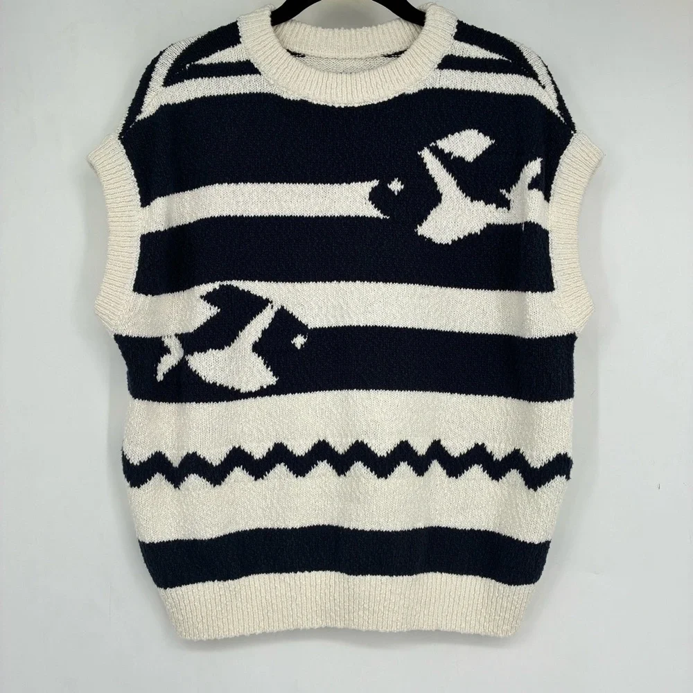 Anthropologie Maeve Crewneck Fish Motif Sweater Vest Cream Blue Large Sardine - Picture 7 of 13